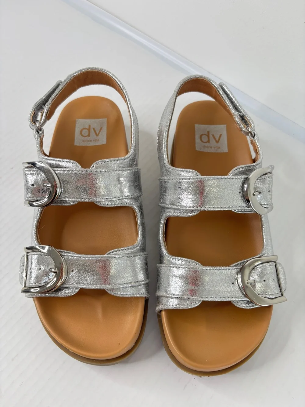 Dolce Vita Alameda Sandals Womens Sz 6.5 Metallic Silver Hook & Loop Ankle Strap